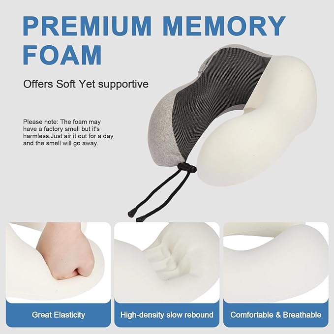 Travel Neck Pillow with 100% Light-Blocking Hood – Ergonomic Memory Foam Support Pillow for Airplane, Long Flights, Road Trips, Office and Car, Full Head and Neck Support with Skin-Friendly Cover