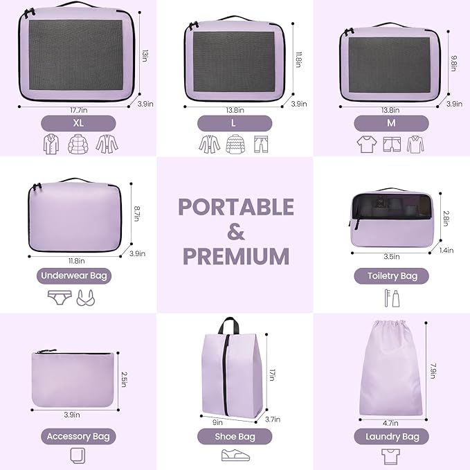 Mesh Packing Cubes for Travel, Durable Luggage Organizer with Sturdy Material and Double Zippers, Comprehensive Set for Travel Accessories Storage, 8 set, purple