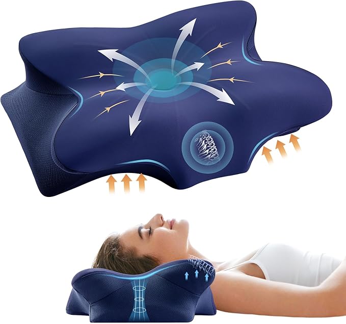 Memory Foam Cervical Pillow for Neck and Shoulder, Ergonomic Contour Cervical Neck Pillow for Sleeping, Cooling Neck Support Pillows for Side Back Stomach Sleeper Dark Blue