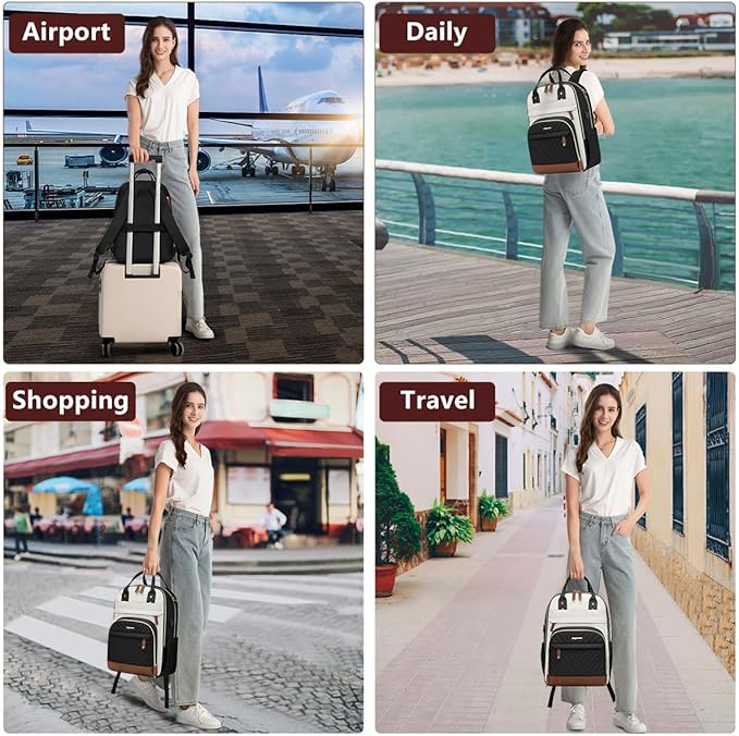 Laptop Backpack for Women College Bookbag - 17.3 Inch Fashion Travel Work Bag with USB Charger Anti-theft Business Backpacks for Nurse Teacher Beige Black Brown