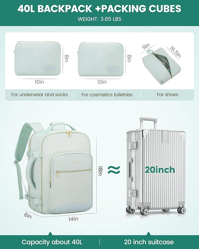 LOVEVOOK 40L Travel Backpack for Women Men,Waterproof Airline Approved Carry On Luggage Travel Essentials,TSA Carry On Backpack Personal Item Travel Bag Suitcase Weekender Traveling with Packing Cubes