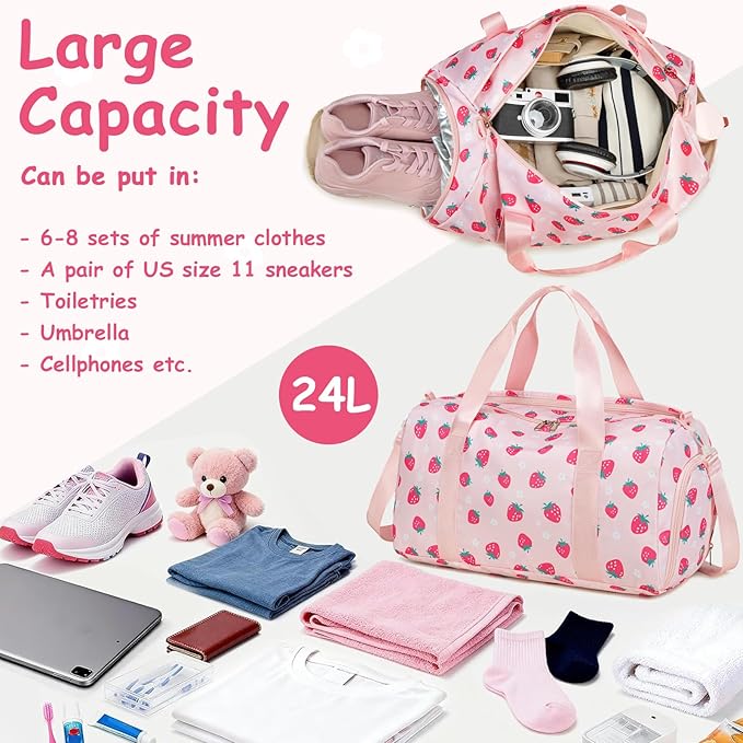 CAMTOP Kids Duffel Overnight Bag Boys Girls Toddler Weekender Carry-On Personalized Tote for Travel Gym Sport (Pink Strawberry)