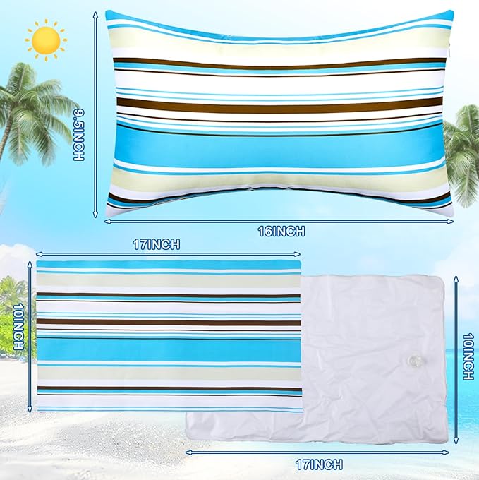 4 Pack Inflatable Beach Pillows with Removable Washable Covers Hawaii Tropical Style Portable Air Pillows for Vacation Sand Tanning Pool and Travel(Horizontal Stripes)