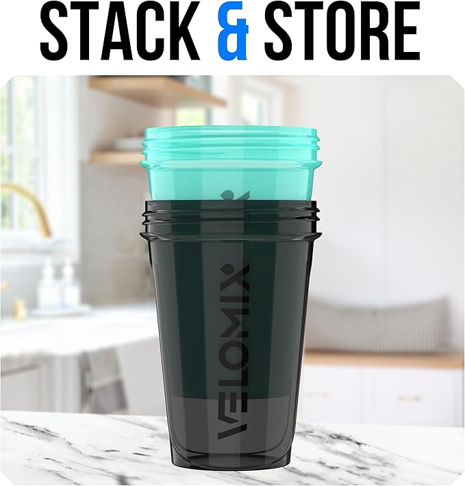 VELOMIX -2 Pack- 20 oz Protein Shaker Bottles for Protein Mixes - 2x Wire Whisk | Leak Proof Shaker Cups for Protein Shakes and Pre Workout | Protein Shaker Bottle Pack (Black/Torquoise)