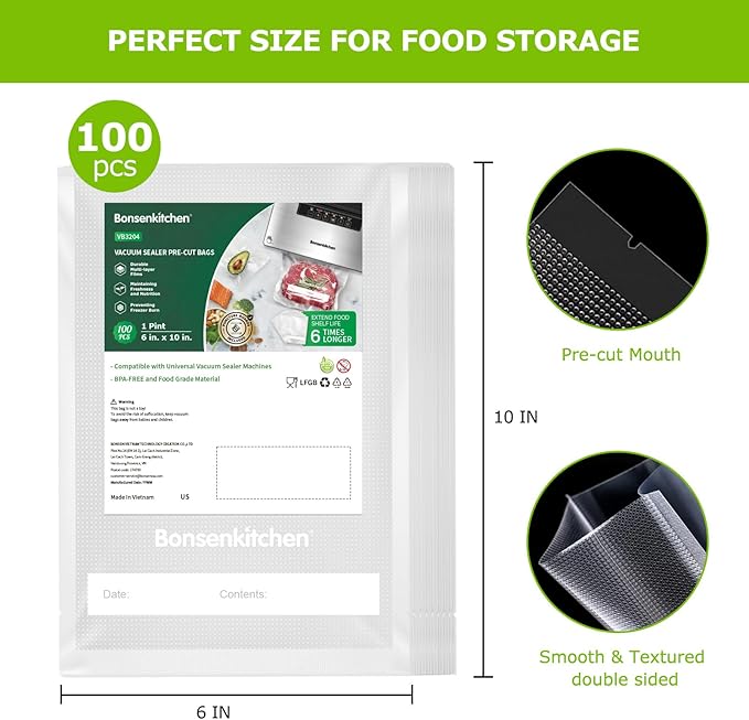 Bonsenkitchen Precut Vacuum Food Sealer Bags 100 Pint 6" x 10", BPA Free, Commercial Grade Textured Food Vacuum Sealer Bag, Thick Embossed Bags for Food Storage and Sous Vide Cooking VB3204