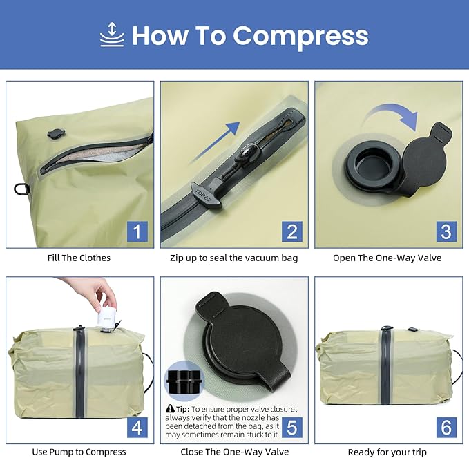 BAGAIL TPU Vacuum Bag for Travel, Reusable Compression Bag with IPX8 Waterproof Zipper, Save Space for Suitcase, Backpack and Carry on (Olive Green, Large, With Pump)