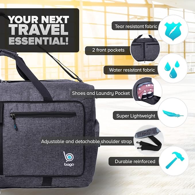Bago Large Duffle Bag for Travel Women & Men. Durable Lightweight Foldable Travel Duffel Bags For Traveling Women. 80L Duffle Bags For Overnight Bag With Shoe Compartment Collapsible Weekender duffel
