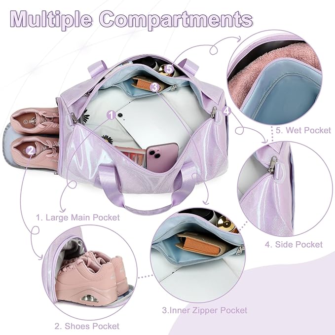 BTOOP Duffle Bag for Girls Kids Gym Sports Women Workout Travel Bag Weekender with Shoe Compartment and Wet Pocket (Purple)