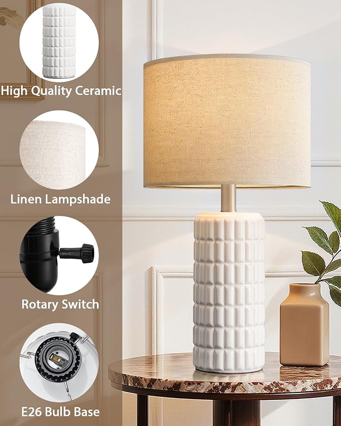 Seealle 23" Single Modern Ceramic Table Lamp, Nightstand Lamp, White | Lamp for Living Room, Bedroom, Bedside, Night Stands, End Table, Desk, Farmhouse Home Decor