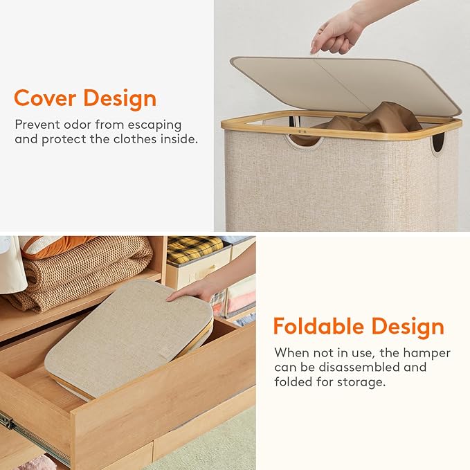 Lifewit 150L Laundry Basket with Lid, Clothes Hampers for Laundry with Bamboo Handles and 2 Removable Bag, Large Foldable Laundry Hamper for Bedroom, Bathroom, Dorm, Laundry Room, Beige