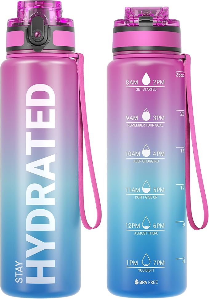 Sahara Sailor Water Bottle, 32/25/17oz Durable and Leakproof Water Bottles Motivational with Time Marker, Tritan, BPA Free, Wide Mouth with Easy Clean Brush for Gym, Travel, School, Office (1 Bottle)