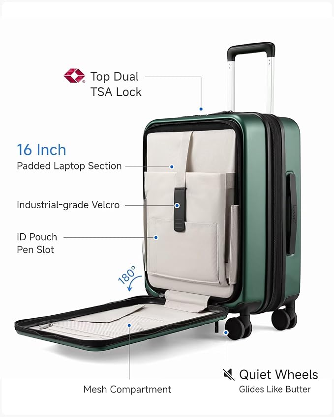 LUGGEX Carry On Luggage 22x14x9 Airline Approved, FLO5 Expandable Polycarbonate Suitcase with Front Pocket (FX-Core, Green, 20 Inch)