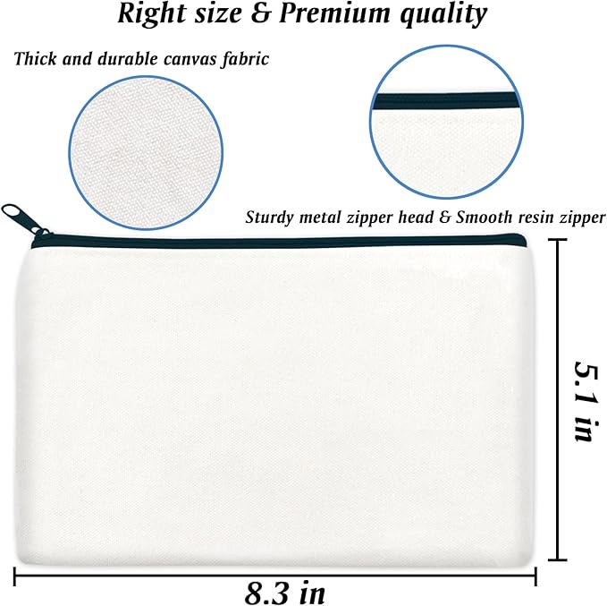 ZeeDix Canvas Pouch- Multi-purpose Cosmetic Bag with Zipper, DIY Craft Canvas Zipper Pouch Blank Makeup Bags Bulk Travel Toiletry Bag for Storage (8.3 x 5 inches)