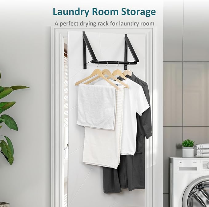 Optish Foldable Over The Door Clothes Hanger, Space Saving Small Clothes Rack Door Hangers for Clothing, 2Pack, Black