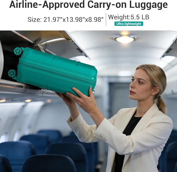 Kono Carry On Luggage 22x14x9 Airline Approved with Spinner Wheels,Lightweight PC+ABS 20 Inch Luggage with TSA Lock,Expandable Hard Shell Carry On Suitcases for Men Women,Turquoise