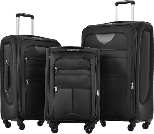 Softside Luggage Sets 3 Piece - 20" Carry-On, 24” & 28” Checked Luggage Set, Expandable Luggage Lightweight Suitcase with Spinner Wheels & TSA Lock for Family Extended Travel (Black)
