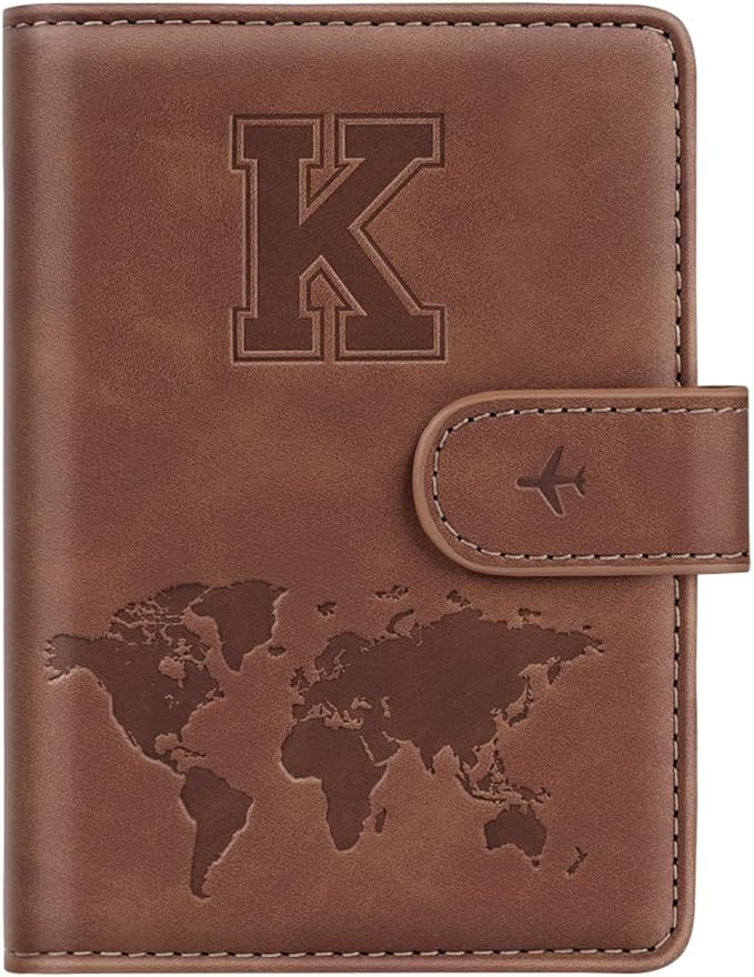 Passport Holder Wallet Cover Personalized Letter A-Z Travel Wallet RFID Blocking Passport Cover Wallet Case for Travel Passport Book Holders for Women and Men, Brown-K