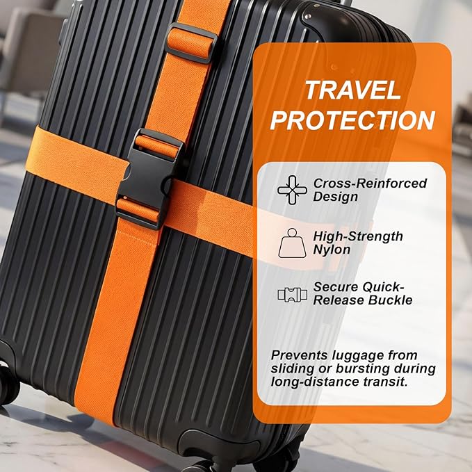 4 Pack Adjustable Luggage Straps for Suitcases – Secure Lock Travel Belts, 40''–78'' Fit, Easy Luggage Identification (Orange)