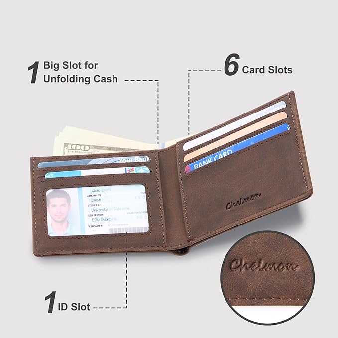 Chelmon Slim Wallet for Men ID Window with RFID Blocking Front Pocket Minimalist Bifold Bussiness Card Holder Gift for Men, CH Coffee