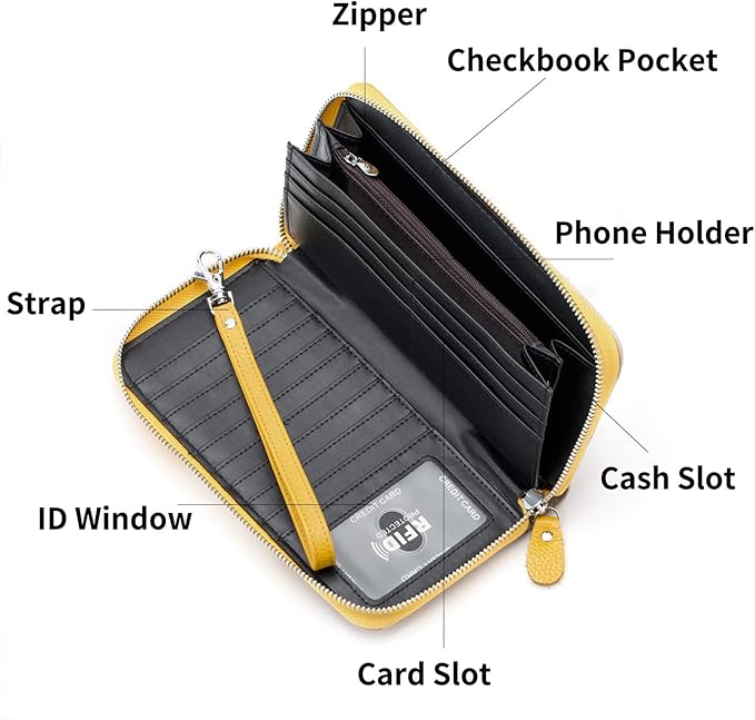 Moflycom Womens Wallet RFID Blocking Genuine Leather Multi Credit Card Large Capacity Zip Around Clutch Travel Purse Wristlet