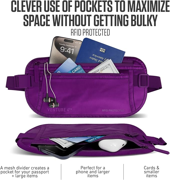 VENTURE 4TH Money Belt for Travel – Hidden Under-Clothes RFID Blocking Passport Holder & Slim Travel Wallet Pouch for Men & Women to Protect Cash, Cards & Documents (Sleek Purple)