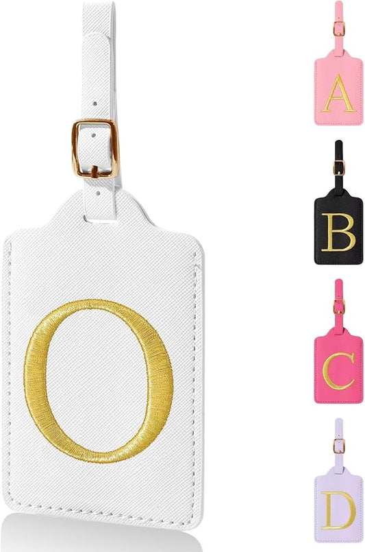 Personalized Initial Luggage Tags for Suitcases,Leather Letter Cute Luggage Tags with Privacy Name Card,Embroidered Monogrammed Travel Bag Backpack Tag Gifts for Women Kids Girls Teens(White-O)