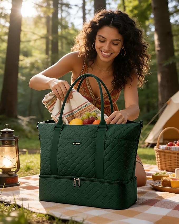 HOTOR Travel Duffel Bag - Weekender Bags for Women, Gym Tote Bags with Shoe Compartment, Carry On Overnight Bag with Toiletry Bag for Travel Essentials Travel Accessories, Dark Green, 15.8"×18.1"×8.7"