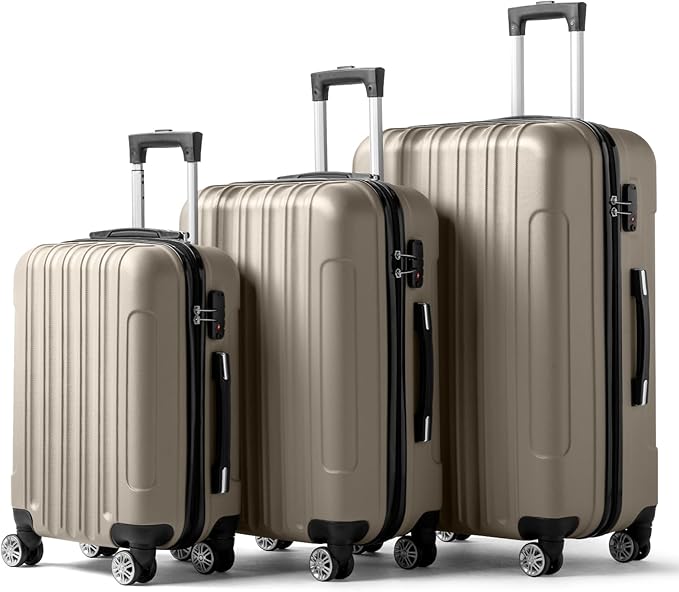 Karl home Luggage Sets 3 Piece, Hardside Carry on Suitcase Sets with Spinner Wheels & TSA lock, Portable Lightweight ABS Luggages for Travel, Business - Champagne, 20/24/28in