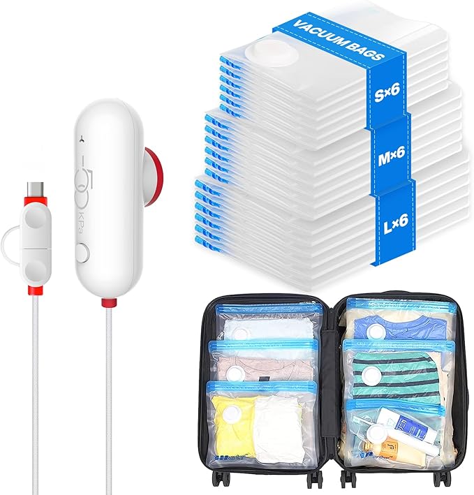 VMstr Vacuum Seal Bags for Clothing Travel, Vacuum Storage Bags with USB Electric Pump, Compression Space Saver for Luggage Suitcase 18 Combo Bags + USB Pump
