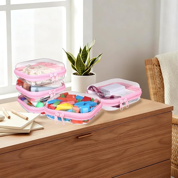 Sanwuta 6 Pcs Clear Hard Zipper Case Plastic Zipper Pouches Transparent Makeup Bag Pencil Case Pouches Toiletry Diaper Bag for Travel Toy Storage Organizer Bins(Pink,5 x 5 x 2 Inch)