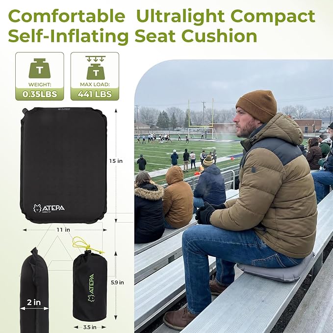 ATEPA Inflatable Seat Cushion, Self-Inflating Portable Stadium Airplane Travel Foam Cushion Pad for Camping, Sports Events, Outdoor