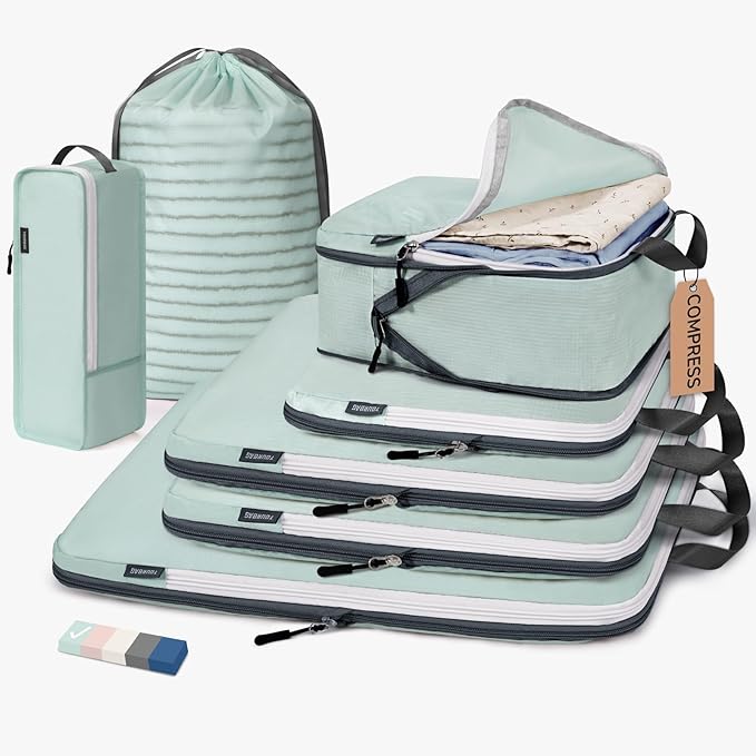 CherryNow Compression Packing Cubes, 7 Set Packing Cubes for Travel, Travel Essentials for Suitcase, Luggage Organizer Bags for Travel with Shoe Bag, Grey Blue