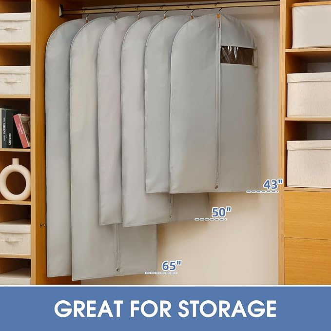 43" Garment Bags for Hanging Clothes, Suit Bags for Closet Storage and Travel, Grey Suit Cover Bags with Clear Window for Coats, Jackets, Shirts (2 Packs)