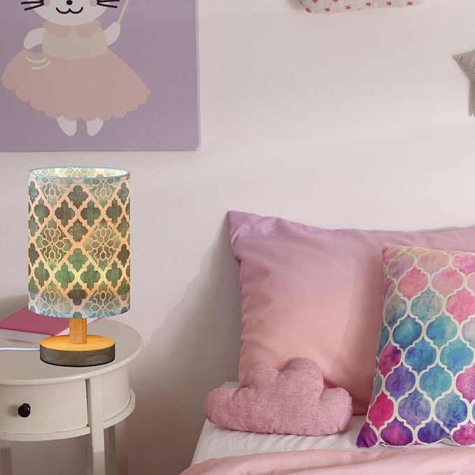 Fustylead Teal Green Moroccan Tile Table Lamp for Bedroom USB Port Lamps Small Accent Table Lamp Nightstand Lamp Sturdy Linen Shade Wooden Base Decorative Lamps for Bedside Reading|Kids|Dorm|Home