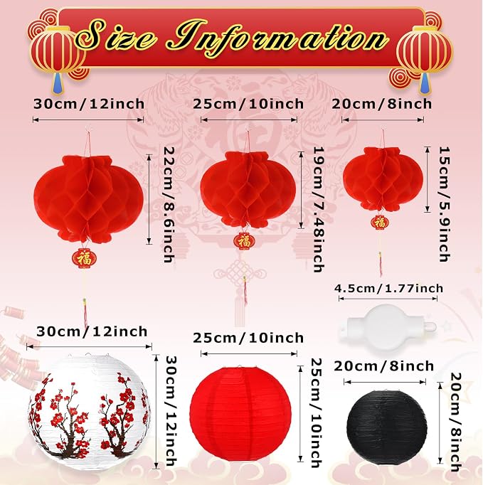 30 Pcs Chinese Japanese Paper Lanterns with LED Light, 2026 Chinese Lunar New Year Decoration Cherry Blossom Red Hanging Lanterns for Spring Festival Home Decor(Multi Size,Red, White, Black)