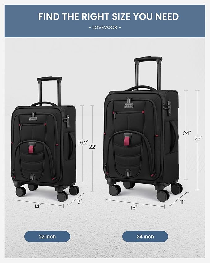 LOVEVOOK Business Softside Checked Luggage with 15.6/17.3 Inch Laptop Compartment, 24 Inch Checked Suitcase with Spinner Wheels, Large Capacity Luggage with TSA Lock for Business Trip Travel, Black