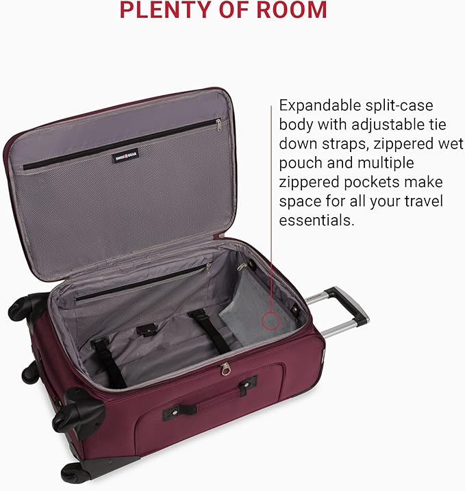 SWISSGEAR Sion Softside Expandable Spinner Luggage Durable Lightweight Travel Suitcase, Merlot, Checked-Medium 25-Inch