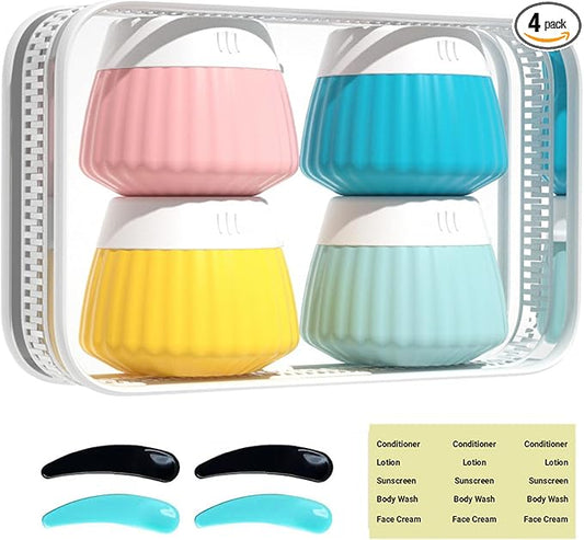 4 Pack Travel Size Silicone Cream Containers, Leak Proof Refillable Toiletry Bottles for Toiletries with 4 Scoops, Labels and Clear Bag, Suitable for Travel Shampoo and Conditioner Bottles (D)