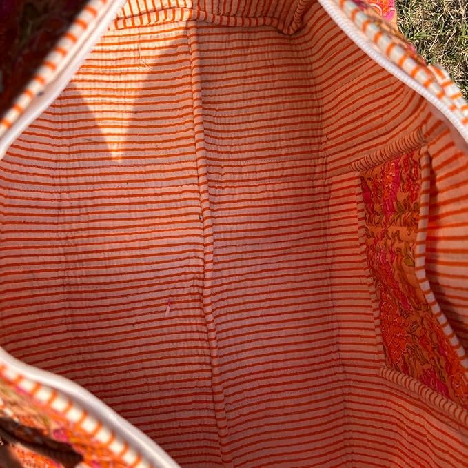 Large Orange Pink Cotton Quilted Duffle Bags Block Print Gifts Handmade Colorful Travel Night Travel Gym Yoga Luggage Pocket 18X9X9 inches
