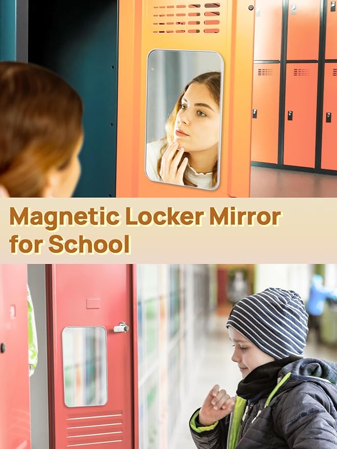OMIRO Magnetic Locker Mirror for School, 8 x 5 inches Desk Makeup Mirror with Foldable Stand and Hanging Hole for Shaving, Strong Magnets for Secure Attachment,White