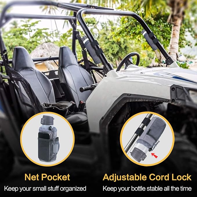 GEARV 2Pack Cup Holder for Bike, Scooter and Wheelchair, Water Bottle Holder for UTV/ATV, Walker, Golf Cart and Beach, Universal Drink Holder Accessories with Net Pocket and Cord Lock (Gray)