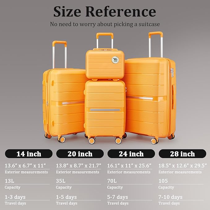 4 Piece Expandable Hardshell Pink Luggage Sets with Spinner Wheels, Lightweight Travel Suitcase Set with TSA Locks, 20 inch Carry On for Women (Orange, 4 Piece Set)