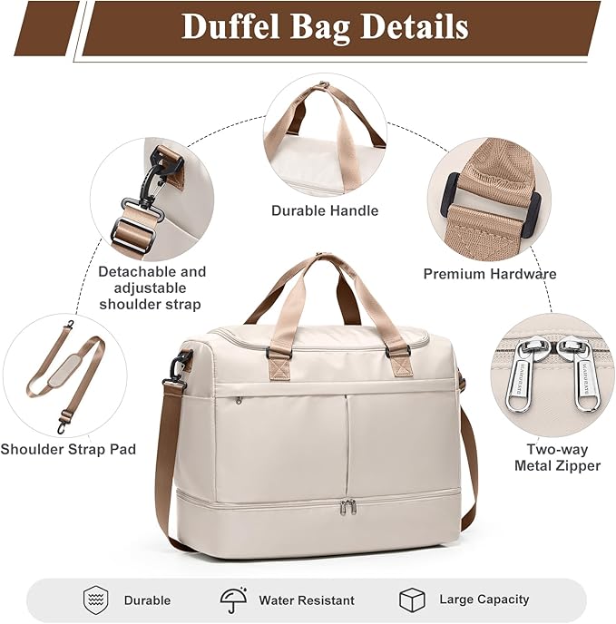 Weekender Bags for Women - 50L Large Travel Duffle Bag with Shoe Compartment - Carry on Overnight Bag for Travel, Weekend Getaway, Gym, Hospital