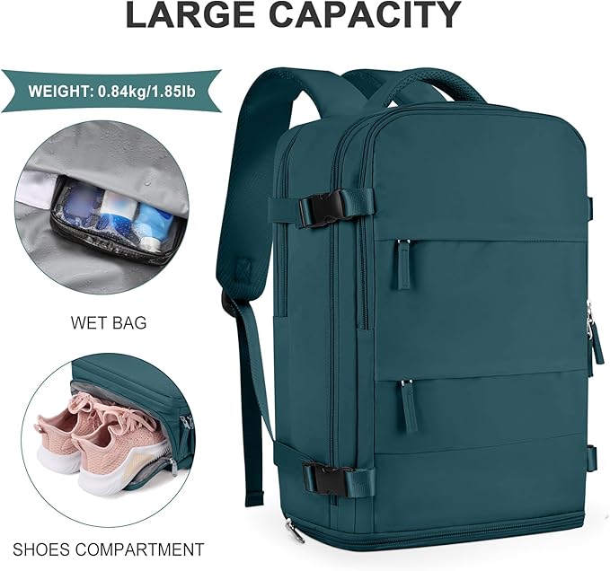 coowoz Large Travel Backpack For Women Men,Carry On Backpack Flight Approved,Hiking Backpack Waterproof Outdoor Sports Rucksack Casual Daypack Fit 15.6 Inch Laptop Shoes Compartment,30L(Peacock Blue)