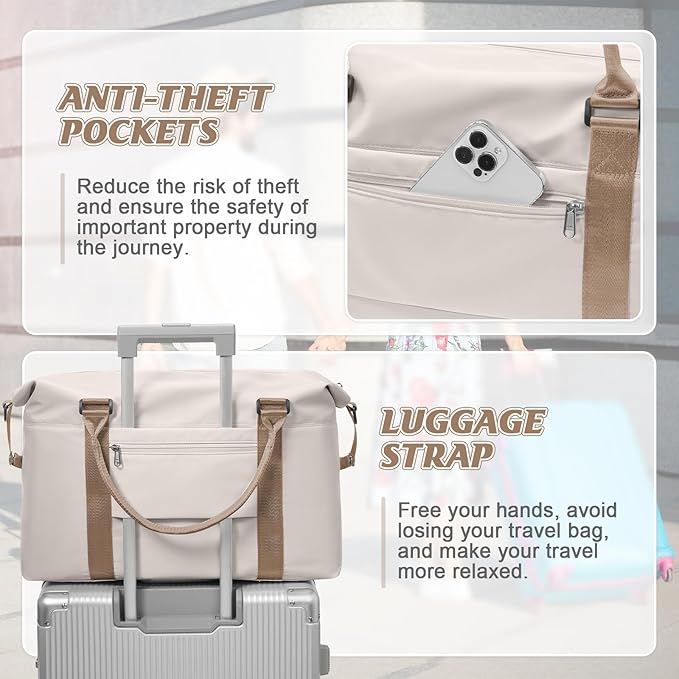 BJLFS Sports Duffel Bags for Women Beige Weekender Travel Totes Bag for Airplane, Cute Sports Gym Dance Overnight Luggage Bag with Wet Pocket, Carry On Hospital Bag for Labor and Delivery