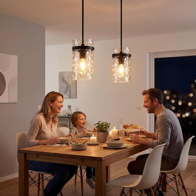 Modern Clear Wavy Glass Pendant Light 1 Pack - Thick Glass Adjustable E26 Hanging Lamp with Elegant Warm Glow for Kitchen Island, Dining Room & Hallway