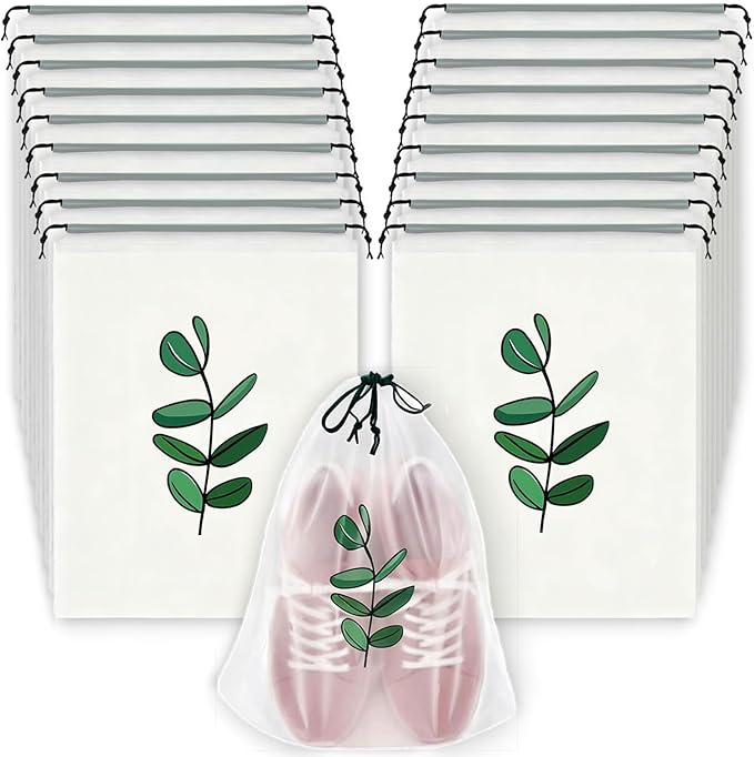 18PCS Clear Shoe Bags for Travel, Eucalyptus Leaf Pattern Travel Shoe Bags, Drawstring Shoe Travel Bags for Packing and Storage, Waterproof & Dustproof (15.7” x 11.8”)