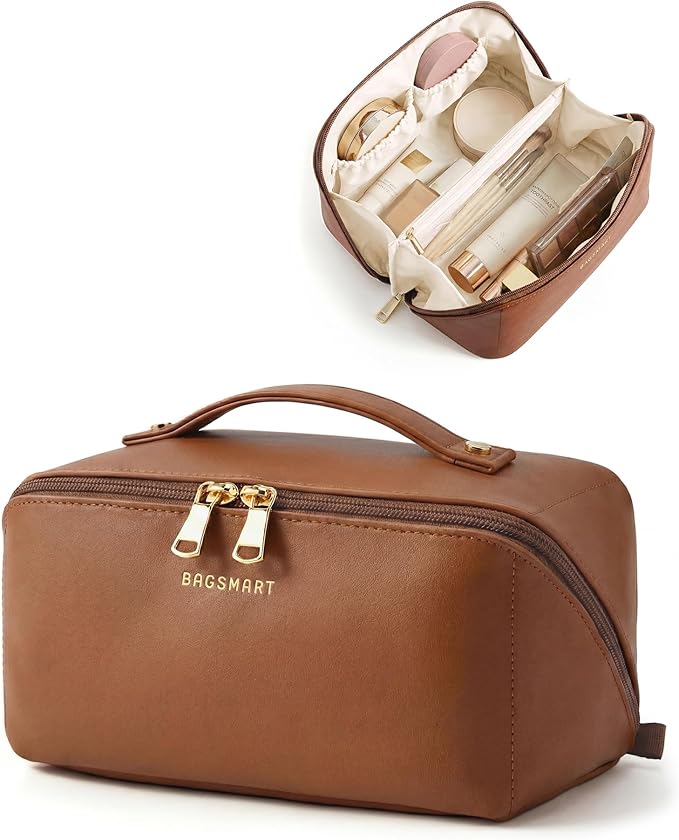 BAGSMART Makeup Bag Travel Cosmetic Bag, Large Make Up Bag Flat Open Toiletry Bag for Women, PU Leather Travel Essentials Organizer Case, Wide-open Pouch Purse for Skincare, Brushes, Coffee Brown