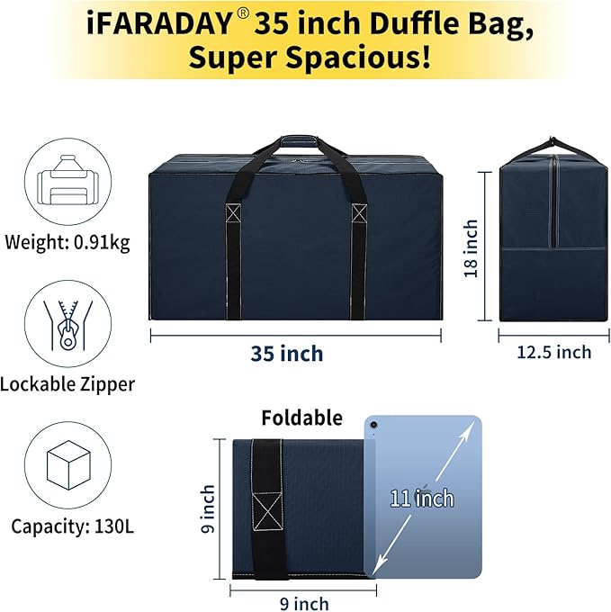 130L Extra Large Travel Duffle Bag - Heavy Duty Water Resistant Luggage for Camping, Sports & Moving - 35 inch Foldable Gear Bag (Navy Blue)
