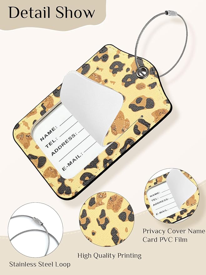 Seorsok 2 PCS Luggage Travel Tags for Suitcases,Cute Black Leopard PU Leather Name Tag with Privacy Cover&ID Label Address Card and Durable Metal Ring Suitable for Men Women Handbags Backpack,Golden